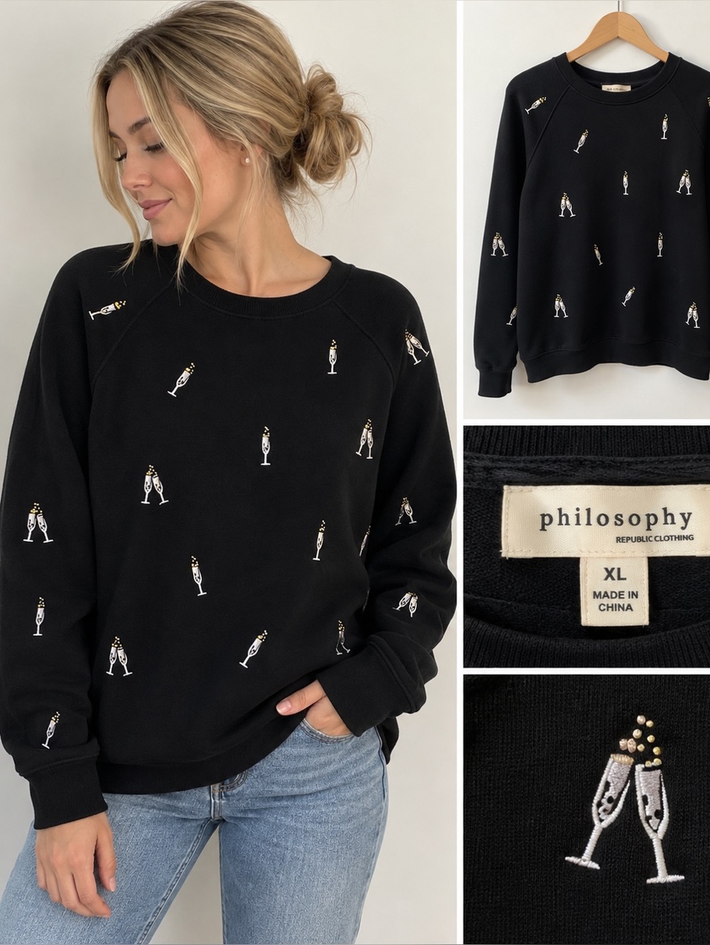Philosophy Black Champagne Print Sweatshirt Crewneck XL